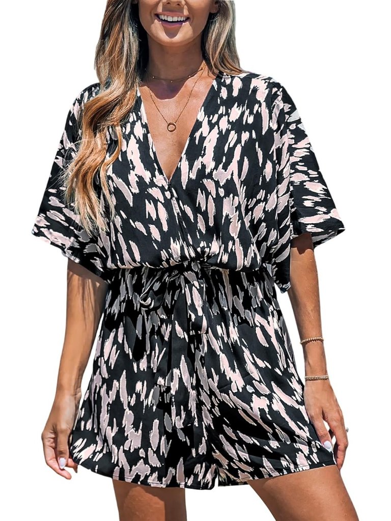 Women's Black Printed Summer Lace Up Printed Half Sleeve Casual Wide Leg Romper